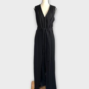 Shelby & Palmer Black Jumpsuit Sz 14 Tie Waist Back Zipper Split Leg Flowing NEW